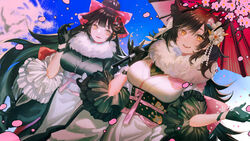  2girls adapted_costume atago_(azur_lane) atago_(hallmarks_of_winter)_(azur_lane) azur_lane black_gloves black_hair black_kimono bow breasts cherry_blossoms commentary day flower fur-trimmed_kimono fur_trim gloves hair_flower hair_ornament hairbow hands_up highres holding holding_umbrella japanese_clothes kimono kukuish large_breasts long_hair looking_at_viewer multiple_girls obi official_alternate_costume oil-paper_umbrella parted_lips pink_bow ponytail sash sky smile takao_(azur_lane) teeth umbrella upper_teeth_only very_long_hair white_bow white_flower white_kimono yellow_eyes 