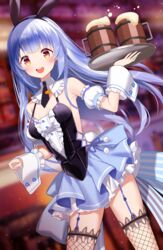  :d animal_ears backless_outfit black_hairband blue_hair blue_skirt blunt_bangs blurry blurry_background blush breasts brown_eyes cleavage detached_collar detached_sleeves fake_animal_ears female fishnet_thighhighs fishnets floating_hair garter_straps hairband highres holding holding_plate hololive kiki-yu layered_skirt long_hair looking_at_viewer miniskirt necktie official_alternate_costume open_mouth plate pleated_skirt rabbit_ears short_necktie short_sleeves sideboob skirt small_breasts smile solo standing thighhighs usada_pekora usada_pekora_(furi_furi_bunny_dress) very_long_hair virtual_youtuber white_sleeves 