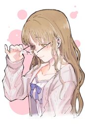  babydoll blue_babydoll blush brown-framed_eyewear brown_eyes brown_hair chemise closed_mouth collarbone female glasses highres kyouno long_hair long_sleeves nijisanji official_alternate_costume pajamas ribbon sister_claire sister_claire_(7th_costume) solo sweater virtual_youtuber 