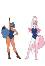  5_toes anthro arms_above_head barefoot black_tail_tip blue_eyes blue_hair brand_new_animal breasts canid canine cleavage clothed clothing dipstick_ears dipstick_tail duo ear_markings feet female fox gloves_(marking) hair hand_on_hip hi_res humanoid_feet leg_markings looking_at_viewer mammal markings michiru_kagemori multicolored_ears multicolored_tail nazuna_hiwatashi one-piece_swimsuit open_mouth pink_hair plantigrade raccoon_dog red_eyes simple_background smile socks_(marking) standing stretching studio_trigger swimwear tail tail_markings tanuki tight_clothing toes tsarinart white_background white_tail_tip 