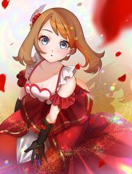  bare_shoulders black_gloves blue_eyes blurry blush breasts brown_hair cleavage commentary_request dress eyelashes female from_above gloves highres looking_at_viewer looking_up may_(anniversary_2022)_(pokemon) may_(pokemon) medium_hair official_alternate_costume petals pokemon pokemon_masters_ex red_dress setta_shu solo 