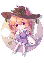  blonde_hair bow brown_hat chibi closed_mouth commentary dress eyes_visible_through_hair female flower frills gohei gradient_background hair_between_eyes hand_up hat leaf long_sleeves looking_at_viewer moriya_suwako multicolored_background no_shoes pink_flower purple_background purple_dress red_bow shadow shirt short_hair solo thighhighs touhou white_background white_shirt white_thighhighs wide_sleeves yellow_background yellow_eyes zhi_xixi 