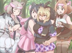  5girls animal_ears arm_around_back arm_around_neck back_bow barbary_lion_(kemono_friends) bear_ears bergman&#039;s_bear_(kemono_friends) black_eyes black_hair blonde_hair blue_eyes bow bracelet breasts brown_hair cheek-to-cheek cheek_press cheek_squash closed_mouth commentary_request crossed_arms day dyed_bangs elbow_gloves empty_eyes extra_ears ezo_brown_bear_(kemono_friends) facing_another fist_pump fur_bracelet fur_collar furrowed_brow gloves grey_hair hair_between_eyes hand_to_own_mouth hand_up headband heads_together highres hug jewelry kemono_friends kemono_friends_3 kodiak_bear_(kemono_friends) large_breasts lion_ears long_hair looking_at_another medium_hair miniskirt multicolored_hair multiple_girls necktie okyao open_mouth outdoors shirt short_sleeves sidelocks skirt sleeveless sleeveless_shirt smile standing sweater_vest tan thighhighs tiger_ears two-tone_hair unaligned_breasts v-shaped_eyebrows white_tiger_(kemono_friends) yellow_eyes 