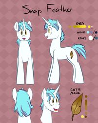  2014 blue_mane cutie_mark equid equine feral goattrain hasbro horn horse looking_at_viewer looking_forward male mammal mane model_sheet my_little_pony mythological_creature mythological_equine mythology open_mouth pony snap_feather solo standing tail unicorn white_body yellow_eyes 