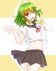  absurdres ahoge belly breasts female flower_bracelet green_hair grey_skirt highres itocoh kazami_yuuka loose_clothes loose_shirt no_navel open_mouth panties pantyshot school_uniform serafuku shirt short_hair silhouette simple_background skirt smile solo touhou underwear white_panties white_shirt yellow_bracelet 