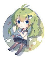  absurdres aqua_eyes black_footwear black_skirt black_thighhighs blue_background blue_eyes chibi closed_mouth commentary female frog_hair_ornament gradient_background green_background green_hair hair_between_eyes hair_ornament highres kochiya_sanae long_hair long_sleeves looking_to_the_side multicolored_background necktie red_necktie school_uniform shirt shoes skirt smile solo star_(symbol) thighhighs touhou white_background white_shirt zhi_xixi 