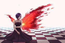  bare_arms bare_shoulders black_dress black_sclera breasts checkered_floor collarbone colored_sclera dress energy_wings female glowing glowing_wings hair_over_one_eye highres kagune_(tokyo_ghoul) kirishima_touka large_breasts mythicat purple_hair red_eyes red_wings short_hair solo tokyo_ghoul torn_wings white_background wings 