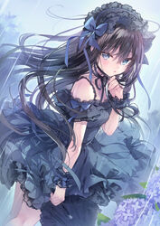  absurdres arm_strap bare_shoulders black_choker black_ribbon blue_bow blue_dress blue_eyes blue_flower blush bow breasts brown_hair choker collarbone commentary_request cowboy_shot crossed_bangs dress dutch_angle female flower frilled_dress frills gothic_lolita hair_between_eyes hairband hairbow heterochromia highres holding holding_umbrella hydrangea lace_hairband lolita_fashion lolita_hairband long_hair looking_at_viewer neck_ribbon original outdoors parted_lips purple_eyes purple_flower rain ribbon rubi-sama small_breasts solo standing thighs umbrella very_long_hair wet wrist_cuffs 