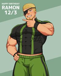  1boy bara black_shirt blonde_hair blue_eyes blush bulge character_name covered_abs covered_navel cowboy_shot dated eyepatch facial_hair goatee green_shorts grin hand_on_own_hip happy_birthday highres large_pectorals male_focus midriff_peek muscular muscular_male pants pectorals ramon_(kof) shirt short_hair short_sleeves shorts sideburns smile solo standing the_king_of_fighters tight_clothes tight_shirt track_pants vert_cypres 