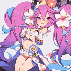  bare_shoulders bikini blue_hair blush breasts cleavage cleo_(dragalia_lost) collarbone dragalia_lost female flower full_body gamuo gradient_hair hair_flower hair_ornament large_breasts looking_at_viewer multicolored_hair pink_eyes pink_hair purple_hair simple_background smile swimsuit twintails white_background 