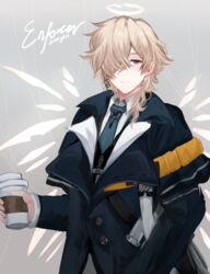  1boy arknights bad_id bad_pixiv_id black_jacket blue_necktie blue_sealad character_name cup disposable_coffee_cup disposable_cup enforcer_(arknights) grey_background grey_hair hair_over_one_eye halo highres holding holding_cup jacket long_sleeves looking_at_viewer male_focus necktie purple_eyes short_hair smile solo upper_body 