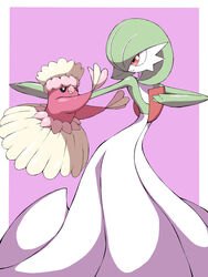  1other absurdres bird border closed_mouth commentary dancer_(pokemon_ability) dancing gardevoir green_hair hand_up highres looking_at_another oricorio oricorio_(pa&#039;u) pokemon pokemon_(creature) pokemon_ability purple_background red_eyes shabana_may shiny smile trace_(pokemon_ability) white_border 