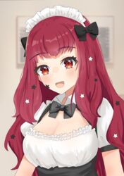  :d absurdres alternate_costume black_bow black_bowtie blush bow bowtie breasts cleavage commentary enmaided facial_mark female fire_emblem fire_emblem_engage hair_ornament hairbow highres keaworks large_breasts long_hair looking_at_viewer maid maid_headdress open_mouth puffy_short_sleeves puffy_sleeves red_eyes red_hair shirt short_sleeves smile solo star_(symbol) star_facial_mark star_hair_ornament upper_body white_shirt yunaka_(fire_emblem) 