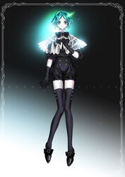  1other aqua_eyes aqua_hair arm_at_side black_background black_bow black_bowtie black_footwear black_gloves black_shirt black_shorts black_thighhighs bloodcat_(babacatcat) border bow bowtie capelet character_name commentary footwear_bow formal frilled_sleeves frills full_body gloves glowing gradient_background houseki_no_kuni jewelry knees_together_feet_apart lace_trim looking_at_viewer other_focus phosphophyllite photoshop_(medium) puffy_sleeves see-through shirt shoes short_hair shorts sleeves_past_elbows smile solo straight-on thigh_gap thighhighs 