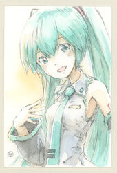  aqua_eyes aqua_hair aqua_necktie bare_shoulders black_sleeves detached_sleeves epoxy_putty female grey_shirt hair_ornament hand_up hatsune_miku light_blush long_hair looking_at_viewer necktie open_mouth painting_(medium) shirt shoulder_tattoo signature sleeveless sleeveless_shirt smile solo tattoo traditional_media twintails upper_body very_long_hair vocaloid watercolor_(medium) 