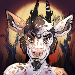  1:1 ambiguous_gender andromorph_(lore) anthro brown_eyes deer digital_drawing_(artwork) digital_media_(artwork) ear_piercing ears_up eye_contact eyebrows facial_hair facial_piercing fur goatee gold_fang hair hi_res icon jace_pronghorn looking_at_another looking_at_viewer male mammal mottled mottled_body mottled_fur multicolored_body nose_piercing nose_ring open_mouth piebald piebald_body piebald_fur piercing plant pronghorn pronghornpunk ring_piercing septum_piercing sideburns simple_background smile solo tattoo teeth thick_eyebrows tongue trans_(lore) trans_man_(lore) tree 