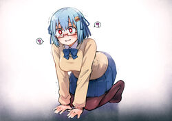  ? all_fours blue_hair blue_ribbon borrowed_character breasts burger_hair_ornament commentary_request female food-themed_hair_ornament full_body glasses hair_ornament hair_ribbon hamburger-chan_(hundredburger) highres kou1 large_breasts no_shoes original pantyhose pleated_skirt red-framed_eyewear red_eyes ribbon school_uniform semi-rimless_eyewear skirt solo spoken_question_mark sweat trembling under-rim_eyewear 