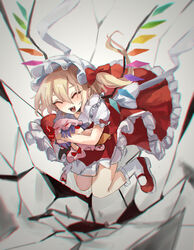  :d absurdres ascot blonde_hair blurry blurry_background blush bobby_socks bow character_doll chromatic_aberration closed_eyes commentary crack crystal depth_of_field eyebrows_hidden_by_hair fangs female flandre_scarlet floating frilled_shirt_collar frills full_body hair_between_eyes hairbow hat highres kani_nyan mob_cap nose_blush one_side_up open_mouth petticoat puffy_short_sleeves puffy_sleeves red_bow red_skirt red_vest remilia_scarlet short_hair short_sleeves skirt smile socks solo touhou vest white_hat wings yellow_ascot 