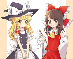  2girls absurdres apron ascot black_skirt black_vest blonde_hair blush bow braid brown_eyes brown_hair commentary_request detached_sleeves gohei hair_ribbon hairbow hakurei_reimu hat hat_ribbon high_collar highres holding kirisame_marisa long_hair multiple_girls partial_commentary photoshop_(medium) puffy_short_sleeves puffy_sleeves red_skirt red_vest ribbon shirt short_sleeves single_braid skirt skirt_set smile standing swept_bangs tan_background tatuhiro touhou tress_ribbon two-tone_background upper_body v_arms vest waist_apron white_background white_shirt witch_hat yellow_ascot yellow_eyes 