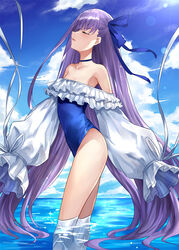  asle bare_shoulders blue_ribbon blue_sky blush breasts choker closed_eyes collarbone day fate/grand_order fate_(series) female frills hair_ribbon highleg highleg_swimsuit long_hair long_sleeves meltryllis_(fate) meltryllis_(swimsuit_lancer)_(fate) meltryllis_(swimsuit_lancer)_(second_ascension)_(fate) ocean off-shoulder_one-piece_swimsuit off_shoulder one-piece_swimsuit parted_lips photoshop_(medium) prosthesis prosthetic_leg puffy_sleeves purple_hair ribbon sky sleeves_past_fingers sleeves_past_wrists small_breasts solo swimsuit thighs very_long_hair wading water white_ribbon 