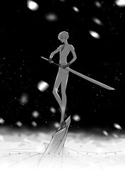  1other antarcticite artist_name bare_legs bloodcat_(babacatcat) character_name fog from_side gem_uniform_(houseki_no_kuni) gloves greyscale high_heels holding holding_sword holding_weapon houseki_no_kuni ice monochrome motion_blur necktie other_focus outdoors photoshop_(medium) sheath short_hair shorts sky snowing solo standing star_(sky) starry_sky stiletto_heels sword unsheathing weapon 