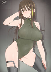  armpits ass_visible_through_thighs bare_shoulders black_thighhighs boca breasts brown_eyes brown_hair covered_navel covered_nipples female girls&#039;_frontline green_hair highres huge_breasts large_areolae leotard leotard_sweater long_hair looking_at_viewer m4a1_(girls&#039;_frontline) ribbed_leotard solo thighhighs 