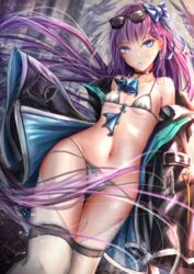  amiya_(arknights) amiya_(arknights)_(cosplay) arknights bare_shoulders bikini black_jacket blue_bow blue_eyes blue_jacket blush bow breasts choker collarbone cosplay eyewear_on_head fate/extra fate/extra_ccc fate/grand_order fate_(series) female grey_bikini hairbow highres jacket kayjae long_hair long_sleeves looking_at_viewer meltryllis_(fate) multicolored_clothes multicolored_jacket navel open_clothes open_jacket parted_lips purple_hair sleeves_past_fingers sleeves_past_wrists small_breasts solo sunglasses swimsuit thighs two-tone_jacket very_long_hair white_legwear 