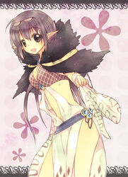  :d argyle_clothes argyle_dress ark_kan belt bikini bikini_top_only black_eyes blue_belt blush breasts brown_hair cleavage commentary_request contrapposto cowboy_shot detached_sleeves dress female fur_collar hair_between_eyes looking_at_viewer medium_breasts navel open_mouth pink_background pointy_ears ragnarok_online red_bikini short_hair smile solo sorcerer_(ragnarok_online) swimsuit white_dress white_sleeves 