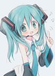  :d absurdres bare_shoulders beamed_eighth_notes black_skirt black_sleeves blue_eyes blue_hair blue_necktie blush collared_shirt commentary_request eighth_note female grey_background hair_between_eyes hand_up hatsune_miku headphones headset highres hitode index_finger_raised long_hair long_sleeves looking_at_viewer musical_note necktie open_mouth pleated_skirt shirt simple_background skirt sleeveless sleeveless_shirt smile solo twintails vocaloid white_shirt wide_sleeves 