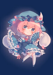  absurdres belt blue_background blue_belt blue_bow blue_dress blue_footwear blue_hat blush bow bowtie chibi closed_mouth collar dress female flying frills ghost grey_eyes hair_between_eyes hand_fan hand_up hat highres japanese_clothes long_sleeves looking_at_viewer mob_cap petals pink_eyes pink_hair red_bow red_bowtie saigyouji_yuyuko shoes short_hair simple_background smile socks solo touhou white_socks wide_sleeves zhi_xixi 