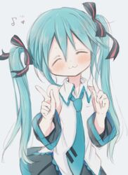  :3 ^_^ absurdres bare_shoulders black_bow black_skirt black_sleeves blue_hair blue_necktie blush bow closed_eyes closed_mouth collared_shirt commentary_request eighth_note facing_viewer female grey_background hair_between_eyes hairbow hatsune_miku head_tilt heart highres hitode long_hair long_sleeves musical_note necktie pleated_skirt shirt simple_background skirt sleeveless sleeveless_shirt solo tie_clip twintails very_long_hair vocaloid white_shirt wide_sleeves 