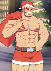  1boy abs akashi_(live_a_hero) alternate_costume bara belt black_belt blush bulge christmas christmas_tree cowboy_shot facial_hair fake_facial_hair fake_mustache feiya6022 fur-trimmed_shorts fur_trim gift_bag goatee hat highres large_pectorals live_a_hero long_sideburns looking_at_viewer male_focus muscular muscular_male navel nipples one_eye_closed pectorals red_eyes red_hair red_shorts santa_costume santa_hat scar scar_on_face scar_on_nose short_hair shorts sideburns solo thick_eyebrows thick_thighs thighs topless_male 