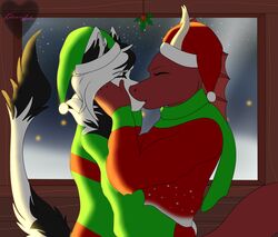  accidental_holly ambiguous_gender angel_dragon anthro christmas clothed clothing dragon duo dutch_angel_dragon fur hi_res holidays holly_(plant) horn kaiserarts kissing kobold lad_(samwellgumgi) mythological_creature mythological_scalie mythology plant sam_(samwellgumgi) scalie simple_background sweater tail topwear white_body white_fur 