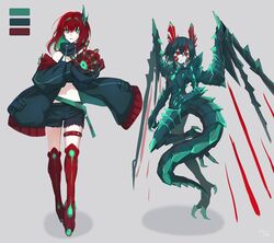  1boy armored_legwear belt black_hair black_jacket black_shorts colored_inner_hair commentary_request female gloves green_belt green_eyes grey_background grey_hair hair_ornament highres horns jacket medium_hair monster_girl multicolored_hair murumuru_(pixiv51689952) original red_gloves red_hair shorts tail thighlet wings 