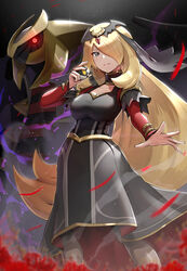  absurdres black_dress blonde_hair breasts closed_mouth commentary_request cynthia_(pokemon) cynthia_(sygna_suit)_(renegade)_(pokemon) dress female giratina gold_trim gonzarez grey_eyes hair_over_one_eye hand_up highres holding holding_poke_ball jewelry long_hair long_sleeves looking_at_viewer medium_breasts neck_ring official_alternate_costume open_hand poke_ball pokemon pokemon_(creature) pokemon_masters_ex revision tiara ultra_ball veil very_long_hair 