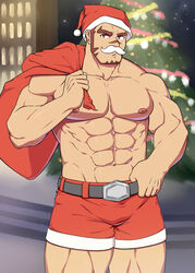  1boy abs akashi_(live_a_hero) alternate_costume bara belt black_belt bulge christmas christmas_tree cowboy_shot facial_hair fake_facial_hair fake_mustache feiya6022 fur-trimmed_shorts fur_trim gift_bag goatee hat highres large_pectorals live_a_hero long_sideburns looking_at_viewer male_focus muscular muscular_male navel nipples pectorals red_eyes red_hair red_shorts santa_costume santa_hat scar scar_on_face scar_on_nose short_hair shorts sideburns solo thick_eyebrows thick_thighs thighs topless_male 