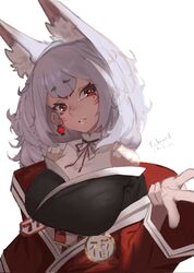  animal_ear_fluff animal_ears black_kimono black_ribbon breasts dated earrings english_commentary extra_ears facial_mark female fox_ears fox_girl grey_hair head_tilt highres japanese_clothes jewelry kimono lantern_earrings large_breasts medium_hair mole mole_under_eye neck_ribbon nijisanji nijisanji_en nina_kosaka off_shoulder red_eyes red_kimono red_ribbon relaxed_entity ribbon solo v virtual_youtuber white_background 