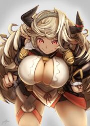  bent_over blonde_hair breasts cleavage donna_(granblue_fantasy) draph female gollizo granblue_fantasy hairband hand_on_own_hip highres horns large_breasts long_hair pointy_ears red_eyes scar scar_on_face signature simple_background smile solo tan very_long_hair 