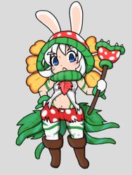  absurdres animal_ears blue_eyes blush charisuke closed_mouth cosplay crossover female full_body hand_on_own_hip highres holding kemono_friends mario_(series) navel personification piranha_plant piranha_plant_(cosplay) rabbid rabbit_ears raving_rabbids standing 