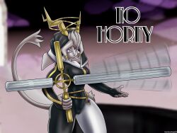  anthro antlers black_hood blurred_background bovid breasts caprine dream_breaker_(pseudoregalia) female fur goat grey_body grey_fur grey_hair hair heartlessangel3d hi_res horn hybrid jackalope jewelry lagomorph looking_at_viewer mammal no_horny nun_outfit pseudoregalia solo sybil_(pseudoregalia) weapon 