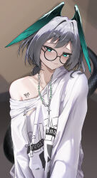  absurdres alternate_costume aqua_eyes aqua_wings arknights bespectacled brown_background closed_mouth collarbone commentary_request female glasses grey_hair head_wings highres ho&#039;olheyak_(arknights) jewelry looking_at_viewer mixed-language_commentary necklace shirt short_hair single_bare_shoulder smile snake_tail sviggum tail upper_body white_shirt wings 