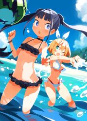  2girls aqua_eyes bikini black_bikini blue_eyes blush bracelet breasts bright_pupils day earrings flat_chest floating_hair frilled_bikini frills harada_takehito jewelry large_breasts long_hair multiple_girls navel non-web_source official_art one_eye_closed open_mouth outdoors outstretched_arms photoshop_(medium) shikabane-gurai_no_bouken_meshi short_hair splashing standing stud_earrings swimsuit twintails wading water white_bikini 