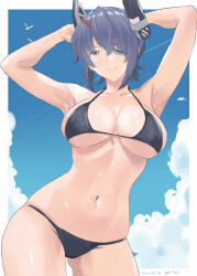  arms_behind_head bikini bird black_bikini blue_sky blush breasts cloud cloudy_sky collarbone cowboy_shot eyepatch female headgear highres kantai_collection navel outdoors purple_hair revision seagull short_hair sky smile solo swimsuit taira_yuuki tenryuu_(kancolle) yellow_eyes 