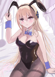  absurdres animal_ears black_leotard black_pantyhose blonde_hair blue_bow blue_bowtie bow bowtie breasts cleavage detached_collar fake_animal_ears female hair_between_eyes hair_over_one_eye heaven_burns_red highleg highleg_leotard highres leotard long_hair narvy_(heaven_burns_red) on_bed pantyhose playboy_bunny rabbit_ears red_eyes shirakawa_yuina sidelocks smyin_rii solo strapless strapless_leotard wrist_cuffs 