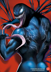  alien alien_humanoid ass bodily_fluids dakimakura dakimakura_design digital_media_(artwork) empty_eyes humanoid long_tongue looking_back male marvel mitgard-knight muscular open_mouth patreon rear_view saliva sharp_teeth solo symbiote teeth text tongue tongue_out url venom_(marvel) 