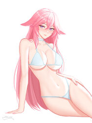  absurdres animal_ears arm_support bare_shoulders bikini blush breasts choker cleavage closed_mouth collarbone commentary female floppy_ears fox_ears fox_girl genshin_impact hair_between_eyes highres large_breasts linea_alba long_hair looking_at_viewer navel pink_eyes pink_hair pink_nails sanpaku shio_aw signature simple_background sitting smile solo stomach string_bikini swimsuit thighs white_background white_bikini white_choker yae_miko 