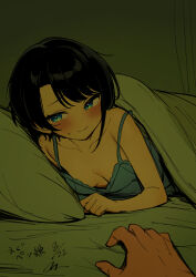  absurdres alternate_costume bare_shoulders blanket blue_eyes blush collarbone female frills highres hololive lingerie looking_at_viewer looking_to_the_side mochitsuki_karen oozora_subaru pillow pov pov_hands short_hair smile solo_focus strap_slip sweat under_covers underwear virtual_youtuber 