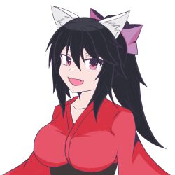  :d animal_ear_fluff animal_ears bakeneko bow breasts cat_ears cat_girl collarbone commentary_request female hair_between_eyes hairbow highres japanese_clothes kimono large_breasts long_hair looking_at_viewer mashiro1863 noihara_himari oerba_yun_fang omamori_himari open_mouth pink_eyes ponytail red_kimono skin_fang smile solo 