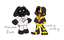  3_toes black_body black_hooves black_sclera character_name digital_drawing_(artwork) digital_media_(artwork) duo feet flat_colors floppy_ears fur hands_behind_back hatching_(art) hooves jewelry lucky_licky_(pachi_rizuu) ma&#039;ma_ewe_(pachi_rizuu) markings mob_entertainment necklace one_eye_closed open_mouth open_smile pachi_rizuu poppy_playtime shaded simple_background smile smiling_critters toes tongue tongue_out white_background white_body white_eyes white_fur white_wool wink wool_(fur) yellow_markings 