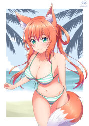  animal_ear_fluff animal_ears aqua_eyes aqua_stripes arm_at_side bare_arms bare_shoulders beach bikini blue_sky border breasts cleavage closed_mouth cloud collarbone cowboy_shot day female floating_hair fox_ears fox_girl fox_tail front-tie_bikini_top front-tie_top hair_between_eyes hair_rings halterneck highres horizon ken-ji large_breasts leaning_forward light_blush long_hair looking_at_viewer navel ocean orange_hair orange_tail original outdoors outside_border palm_tree sidelocks signature sky smile solo standing string_bikini striped_bikini striped_clothes swimsuit tail tail_wrap thigh_gap tree twintails twitter_username two-tone_tail water white_stripes white_tail 